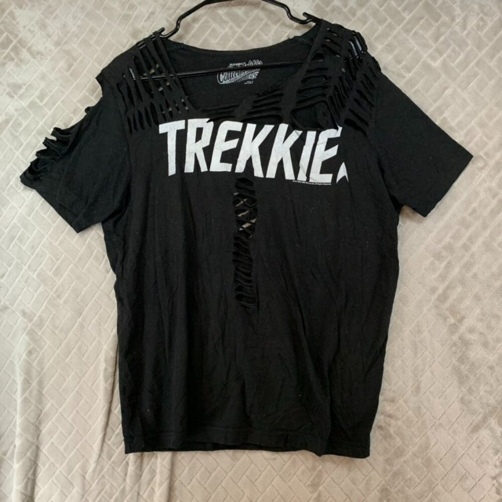 Old Navy Womens Oversized M T Shirt Star Trek Fan Black Cut Up Short Sleeve